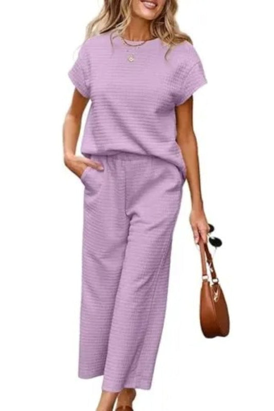 Women's Casual Textured Tops and Wide Leg Pants Lounge Sets