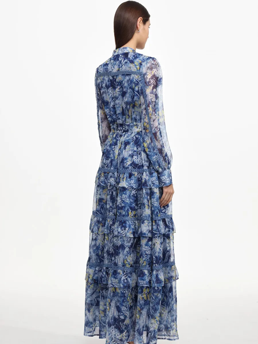 Hazel Flowy Long Sleeve Ruffle Floral Print Maxi Dress
