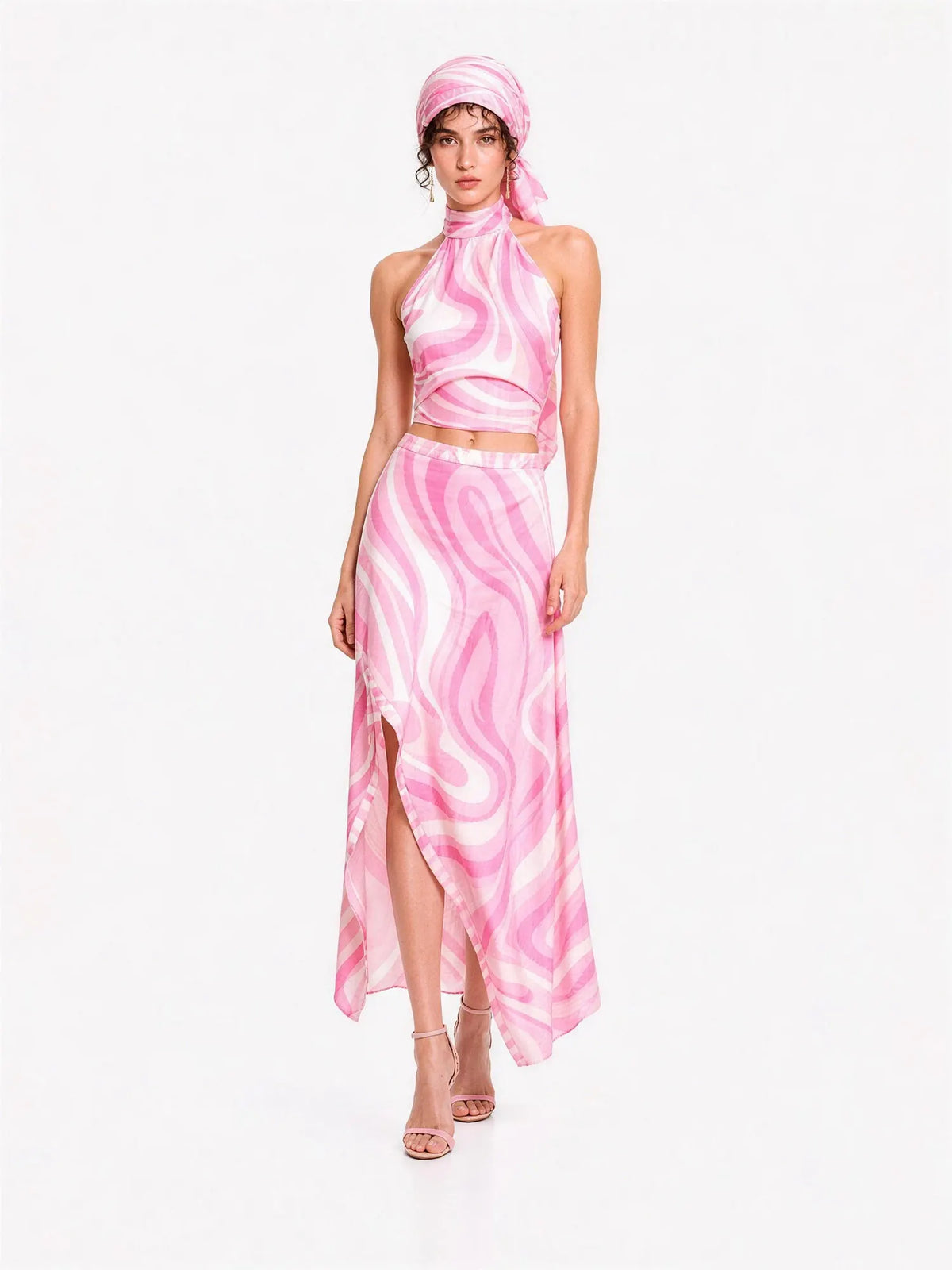 Delilah Printed Satin Maxi Skirt Set with Headscarf