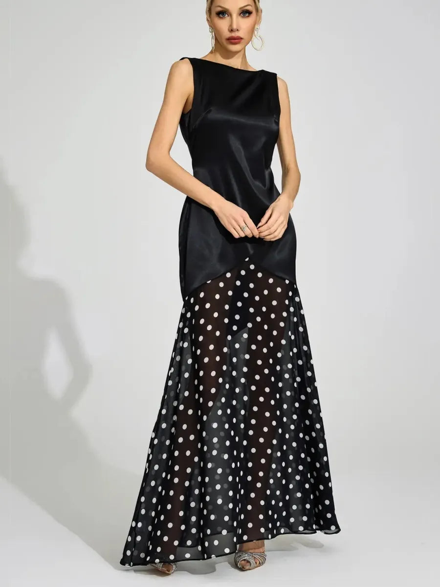 Chloe Satin Polka Dot Mesh Two-Tone Maxi Dress