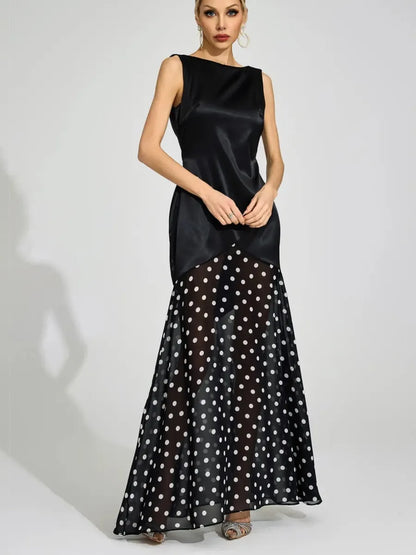 Chloe Satin Polka Dot Mesh Two-Tone Maxi Dress