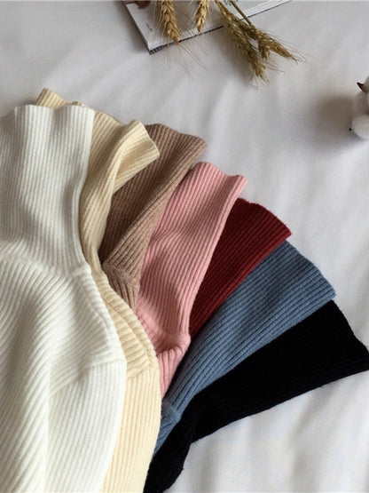 Casual Long Sleeves Skinny Solid Color High-Neck Sweater Tops
