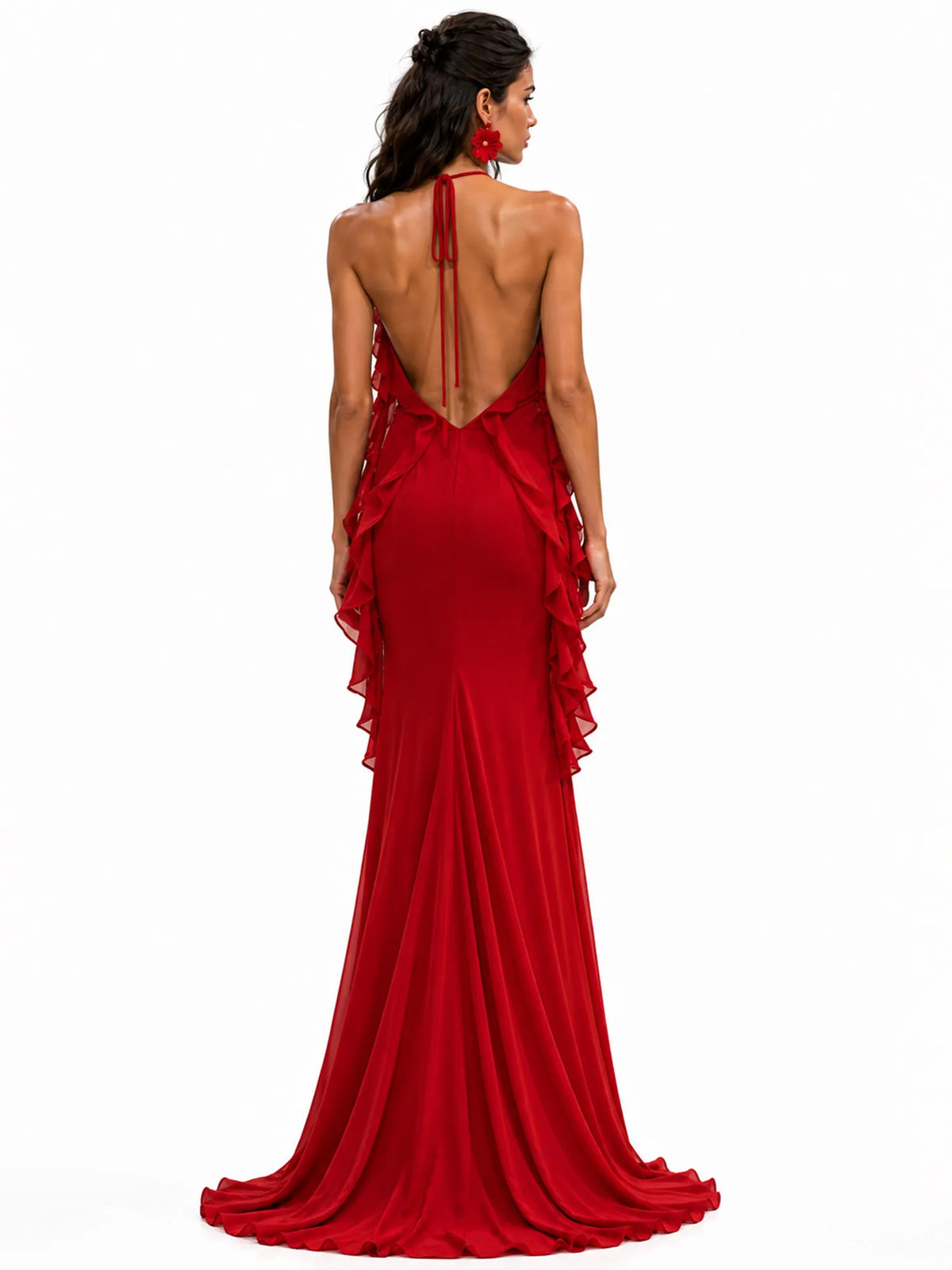 Ruby Ruffled Halter-Neck Open-Back Maxi Dress