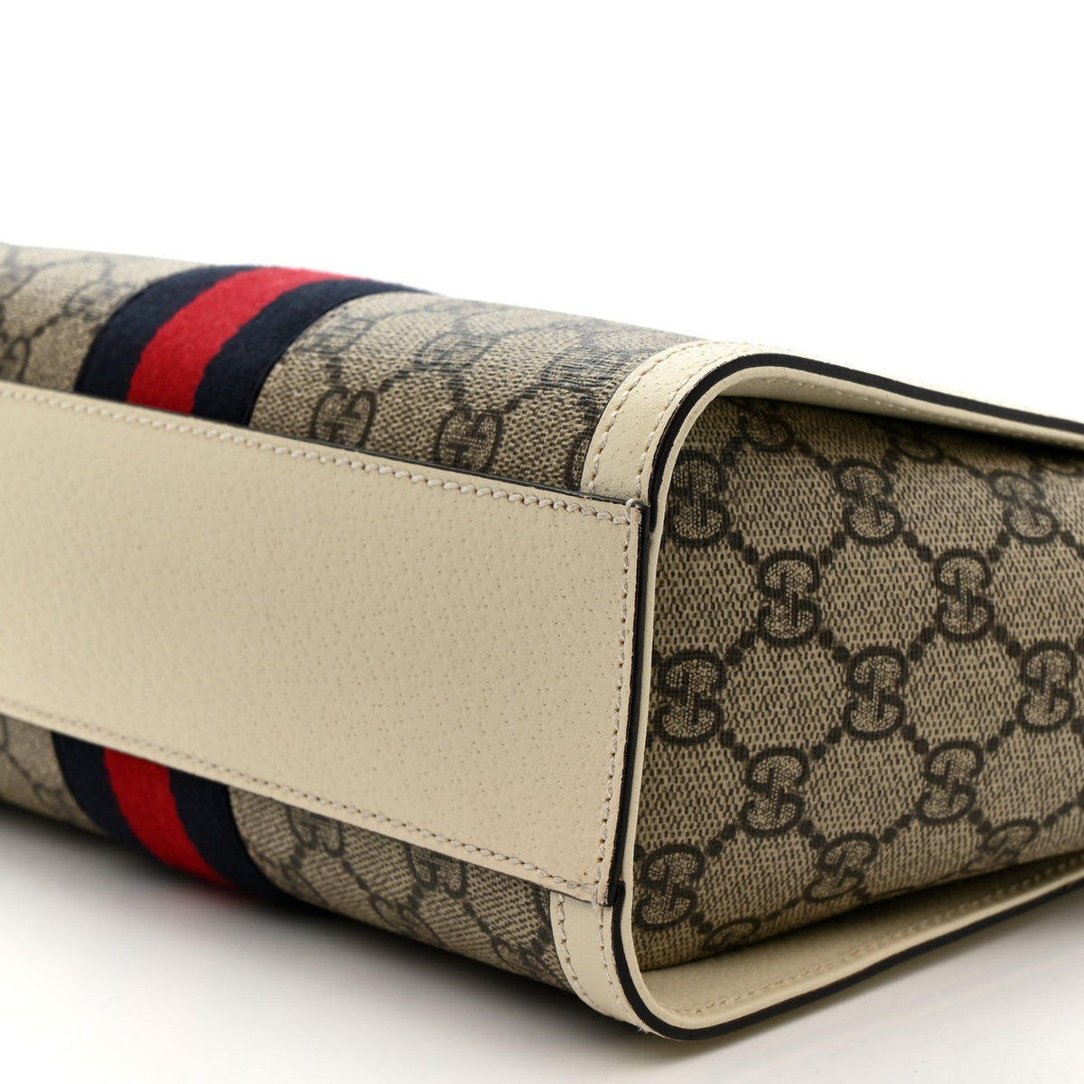 GG Supreme Monogram Textured Dollar Calfskin Web Small Ophidia Tote Bag Beige Ebony Mystic White