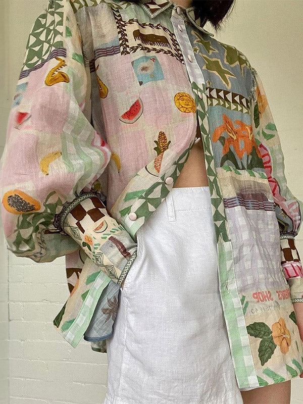 Loose Flower Painted Buttoned Puff Sleeves Lapel Collar Blouses
