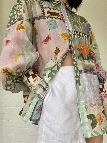 Loose Flower Painted Buttoned Puff Sleeves Lapel Collar Blouses