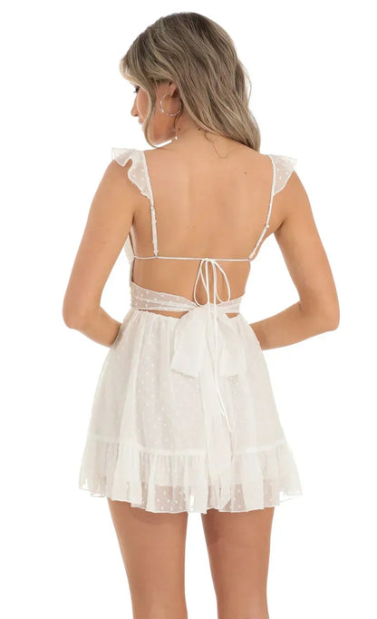Dotted Chiffon Fit and Flare Dress in White