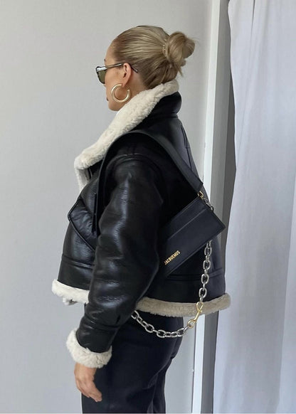 Faux Leather Jacket With Shearling Lining And Cropped Fit