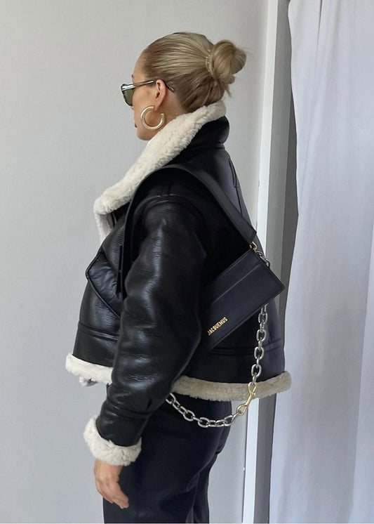 Faux Leather Jacket With Shearling Lining And Cropped Fit