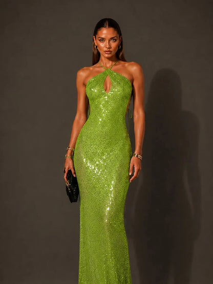 Amelie Sequined Halterneck Cutout Maxi Dress