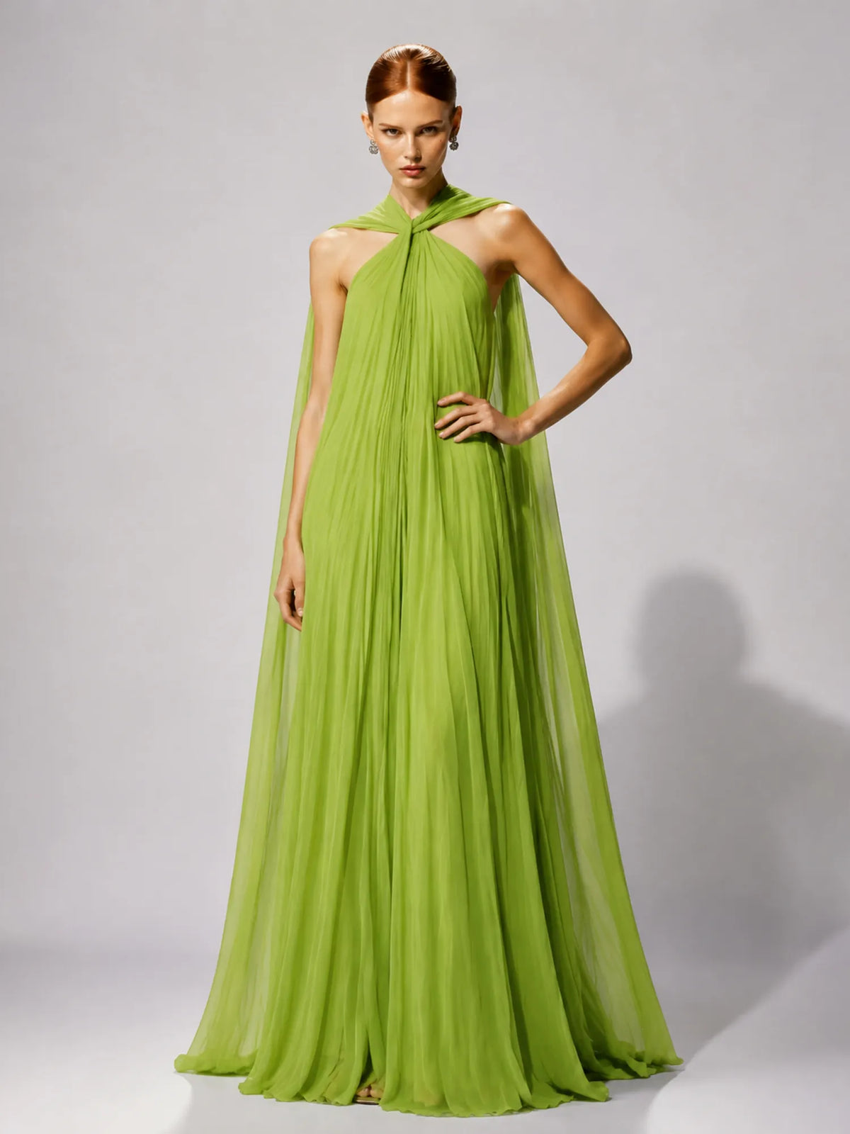 Talia Pleated Mesh Maxi Dress In Green