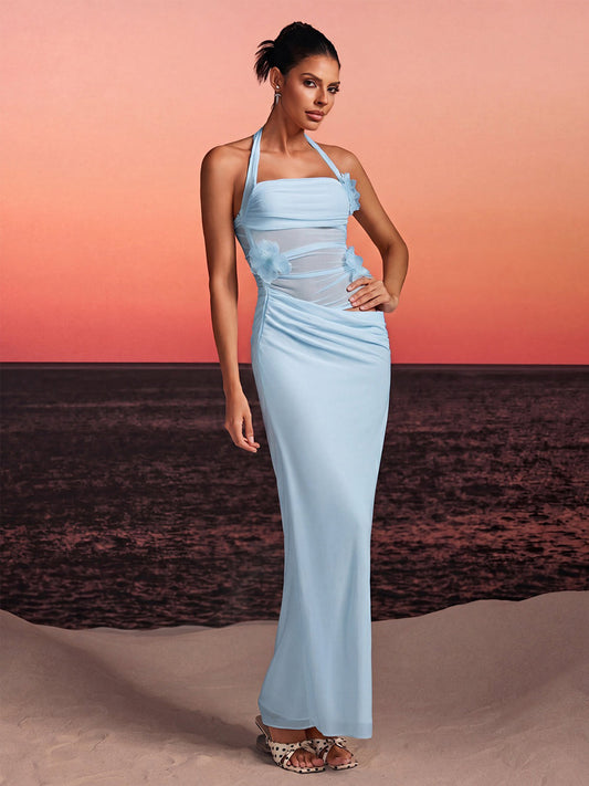 Arielle Halterneck Flower Maxi Dress In Sky