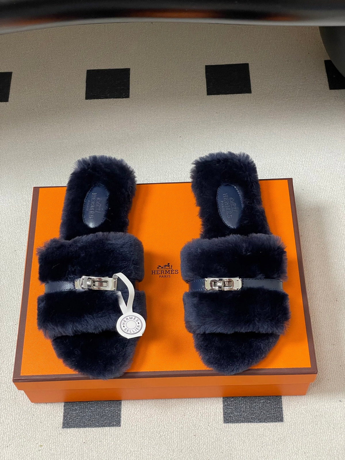 Hermes Giulia Kelly Buckle H-Slippers Navy Blue in Wool 594324