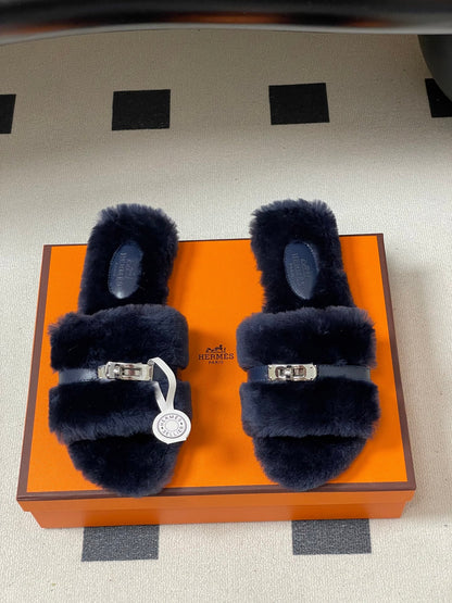Hermes Giulia Kelly Buckle H-Slippers Navy Blue in Wool 594324
