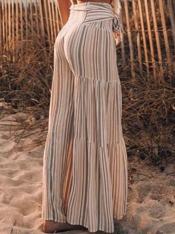 New Lace-Up Striped Print Stitching Wide-Leg Flared Trousers