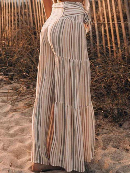 New Lace-Up Striped Print Stitching Wide-Leg Flared Trousers