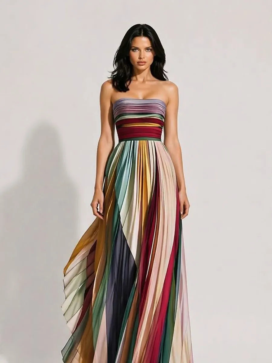 Aniya Elegant Waist-Cinching Pleated Printed Maxi Dress