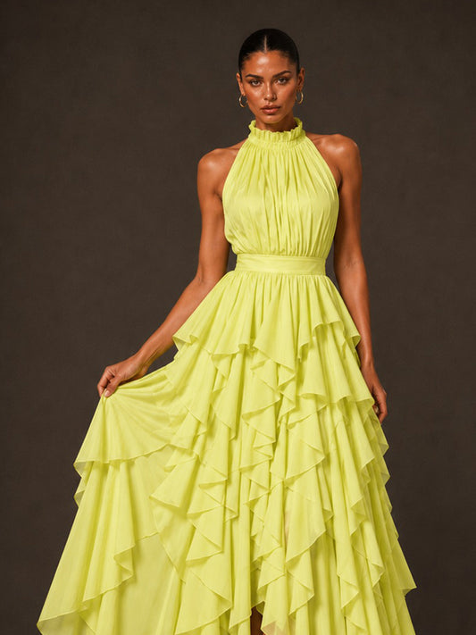 Eliana Ruffled Halter-Neck Midi Dress with Cinched Waist In Yellow