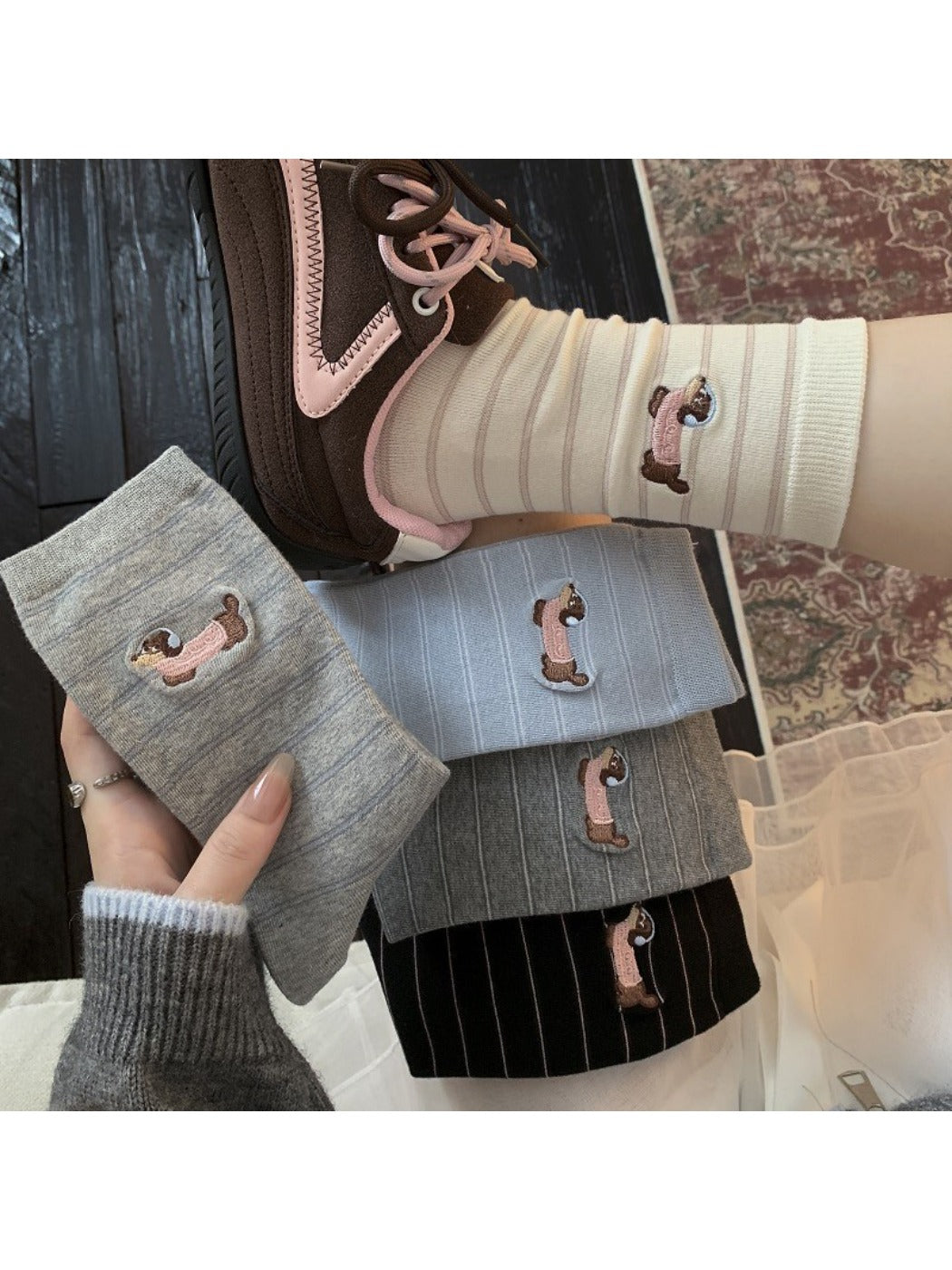 Rufia - Cute Dog Embroidered Mid-calf Socks