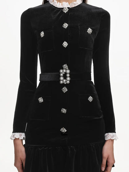 Harper Classic Long Sleeve Rhinestone Ruffle Velvet Mini Dress