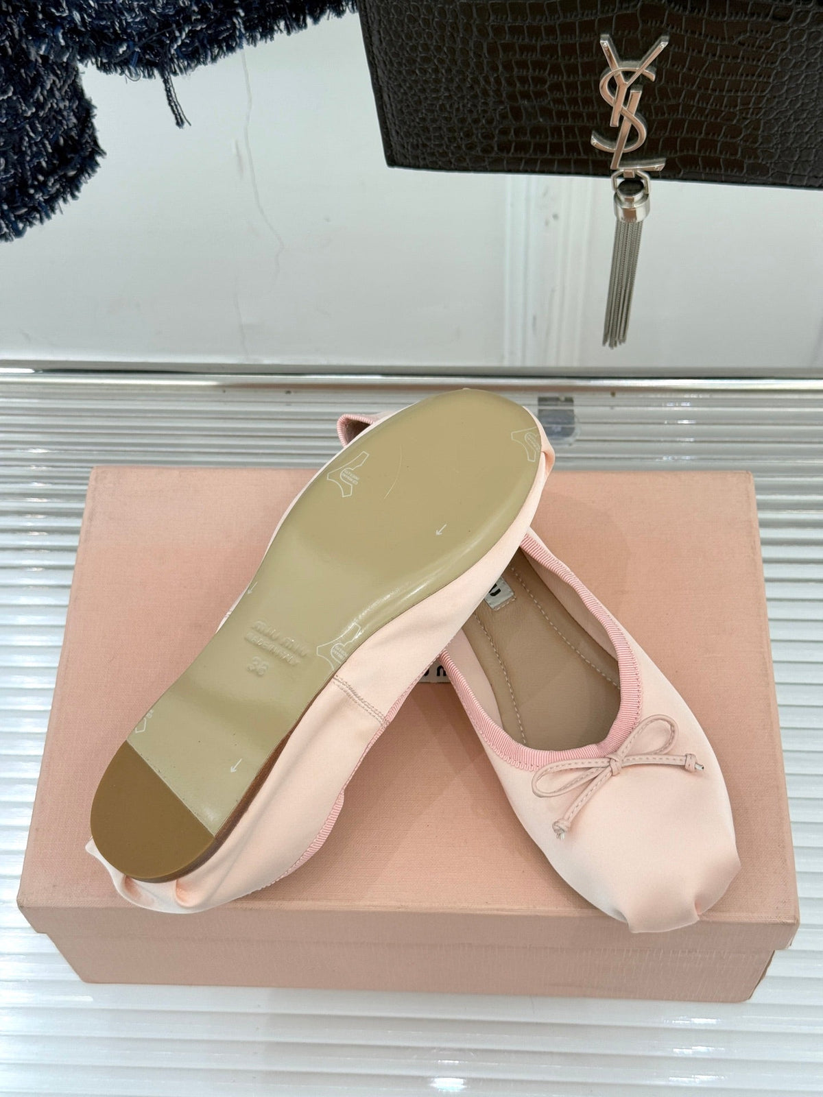 Miu Classic Bow Letter Ballet Light Pink Satin