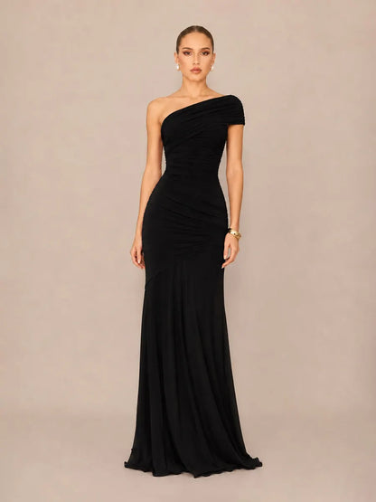Marcella Asymmetric Neckline Strapless Back-Revealing Bodycon Maxi Dress