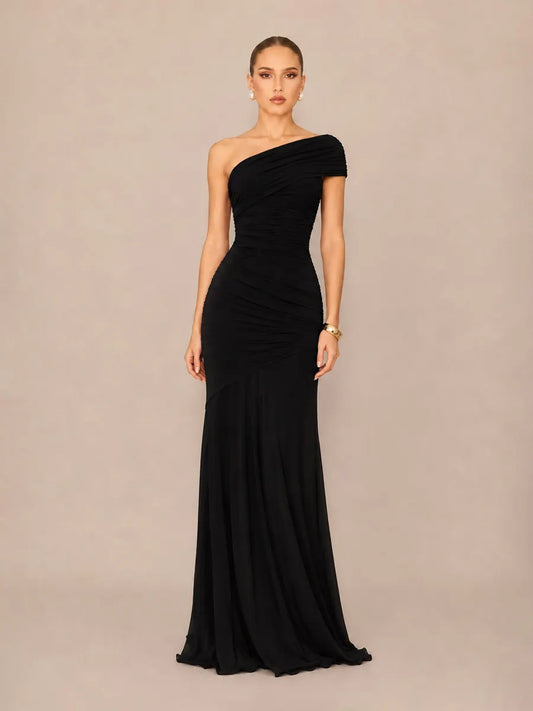 Marcella Asymmetric Neckline Strapless Back-Revealing Bodycon Maxi Dress