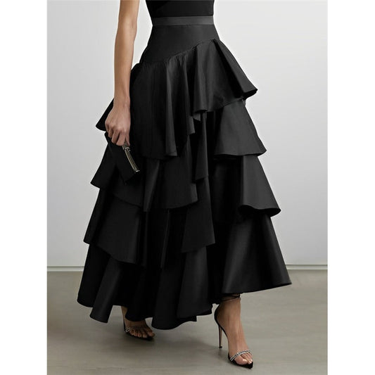 A-Line High Waisted Falbala Solid Color Long Skirts