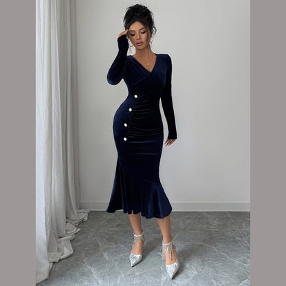 V-Neck Long-Sleeved Bodycon Dress
