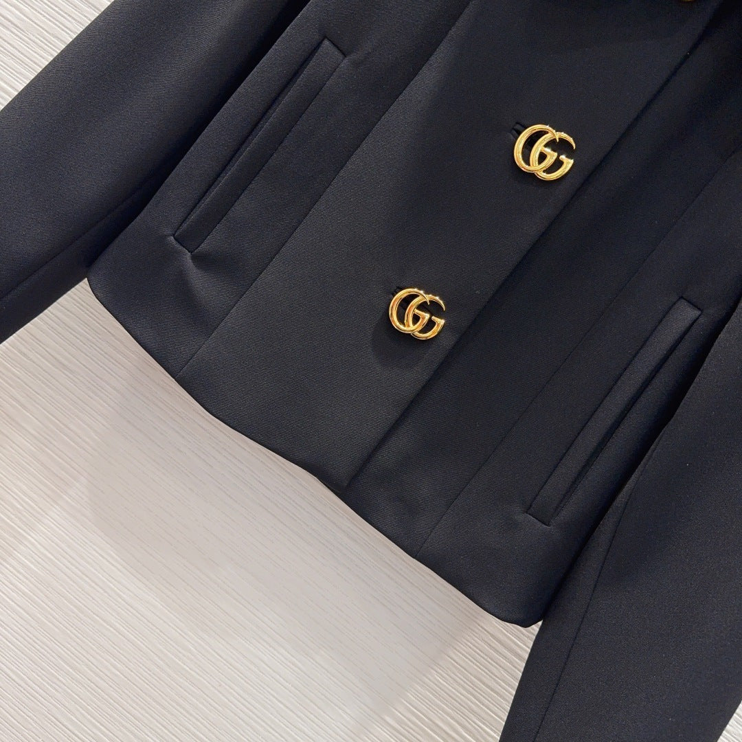 GG Crêpe Jacket With Double G Button Black Wool 346673