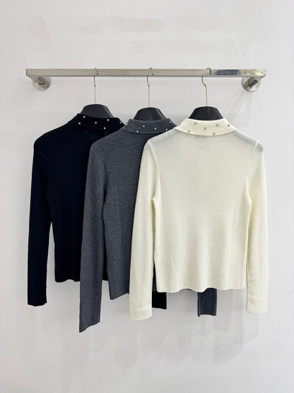 Miumiu 2025 Beaded Collar Long-Sleeve Knit Sweate Wool