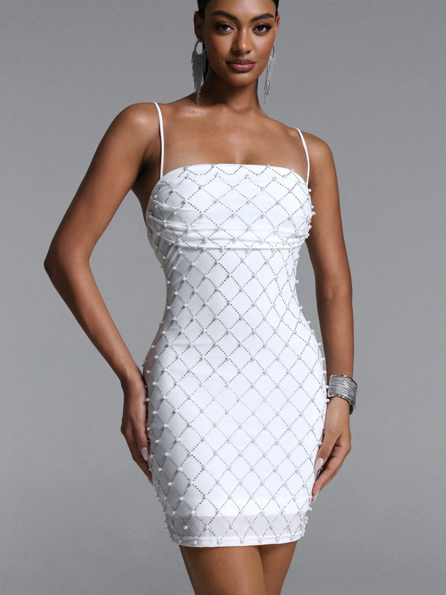 Aurora Pearl Grid-Embellished Strapless Mini Dress