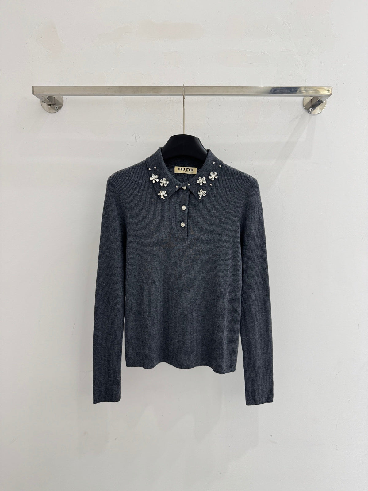 Miumiu 2025 Beaded Collar Long-Sleeve Knit Sweate Wool