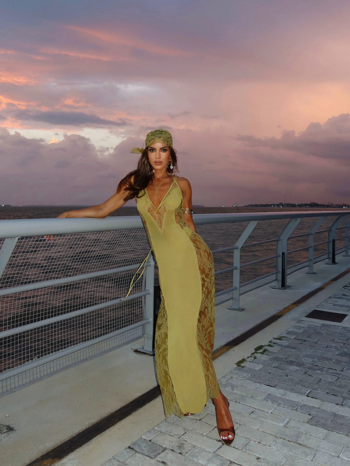 Liora Halter Lace Mesh Maxi Dress In Sage