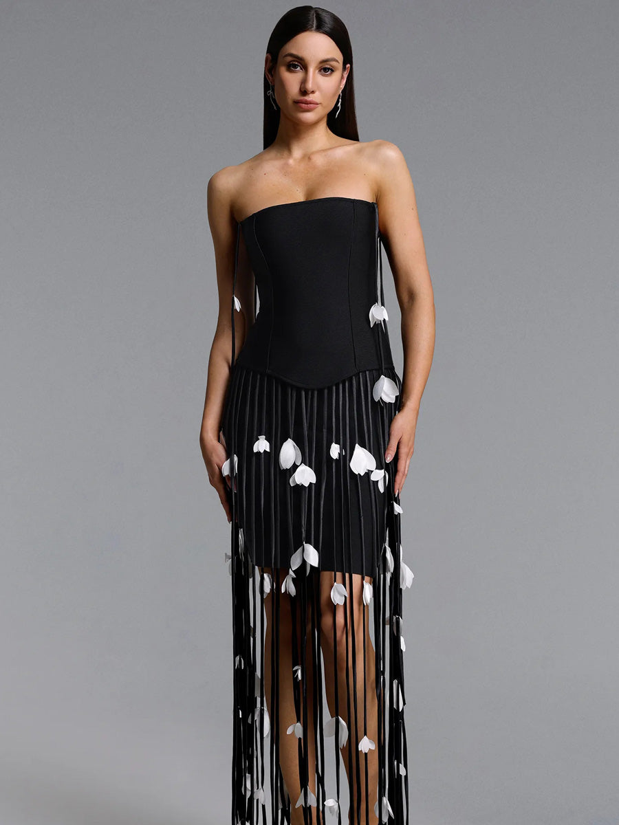 Arielle Strapless Leaf Fringe Bandage Mini Dress
