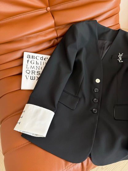 YSL 25 V-neck Suit Set Black Polyester