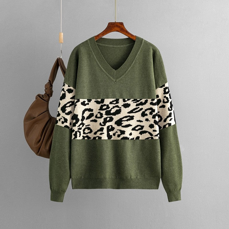 Simple V-Neck Loose Color Block Leopard Print Sweater