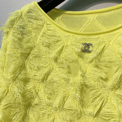 CC SS26 Feather-Trimmed Chiffon Top Neon Chiffon 350965