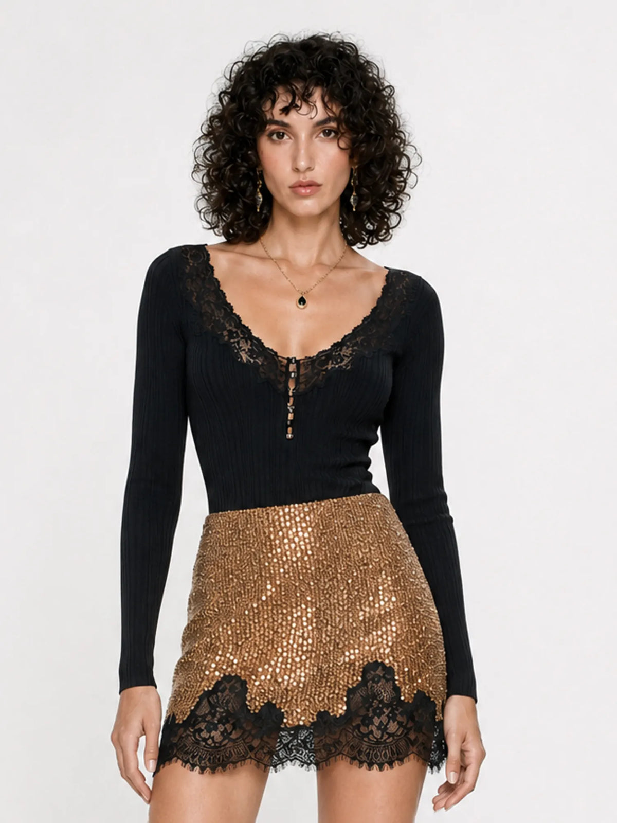 Rosalyn Fully Rhinestone Lace Patchwork Mini Skirt