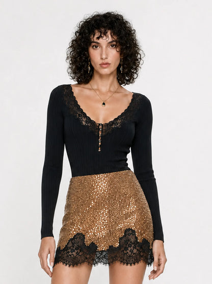 Rosalyn Fully Rhinestone Lace Patchwork Mini Skirt