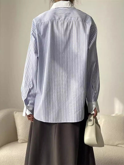Irregular Clipping Pleated Split-Joint Striped Lapel Blouses