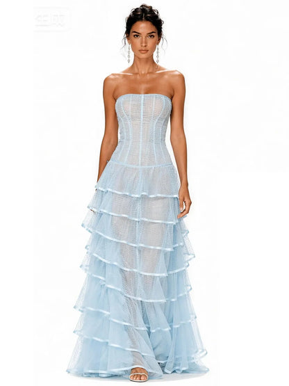 Josephine Sheer Mesh Multi-Layer Strapless Maxi Dress