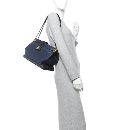Lambskin Quilted Elegant CC Shopping Tote Navy Black