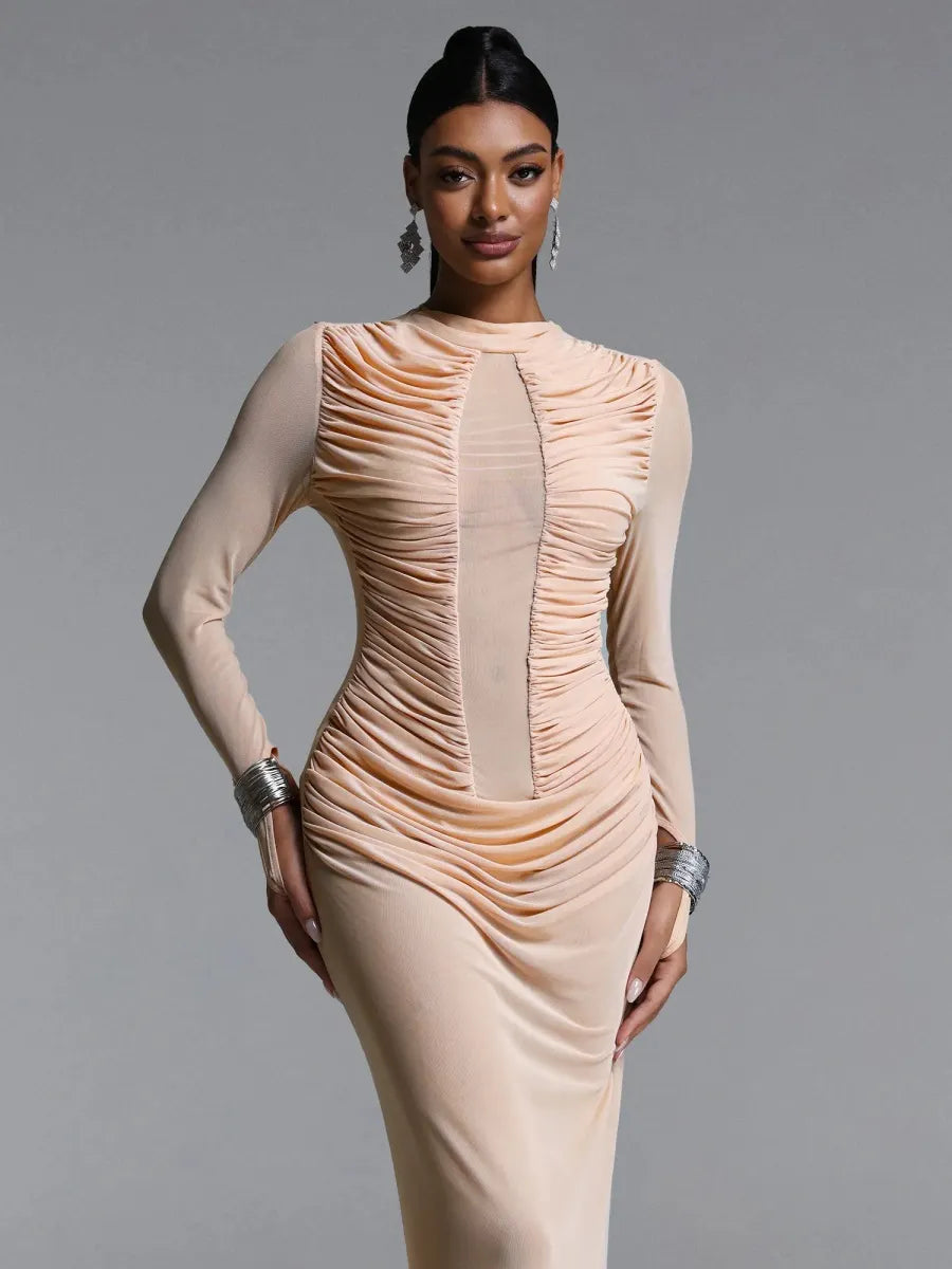 Naomi Ruched Mesh Long-Sleeve Maxi Dress