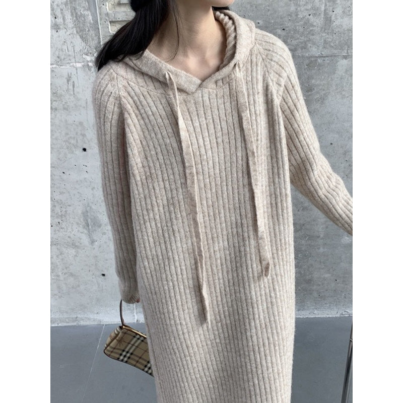 Simple Loose Long Sleeves Drawstring Solid Color Hooded Sweater Dresses