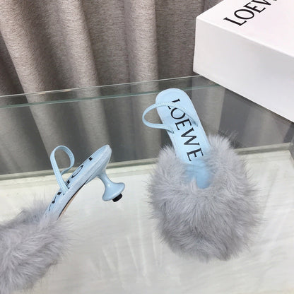 Loewe 25SS Fur-lined Mule 60 Blue in Fox Fur 597439