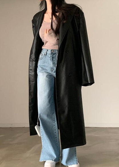 Black PU Leather Trench Coat Double Breasted Style