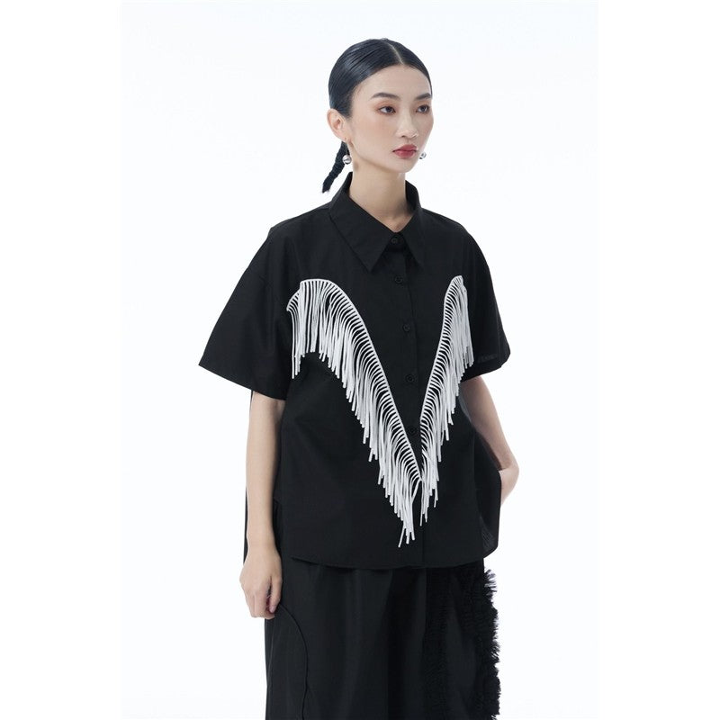 Fringe Spliced Short Sleeve Shirt Loose Retro Design