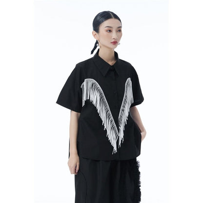 Fringe Spliced Short Sleeve Shirt Loose Retro Design