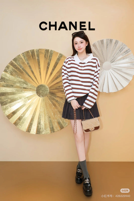Chanel 26 Collared Color-Blocked Striped Polo White Red in Wool Blend 799250